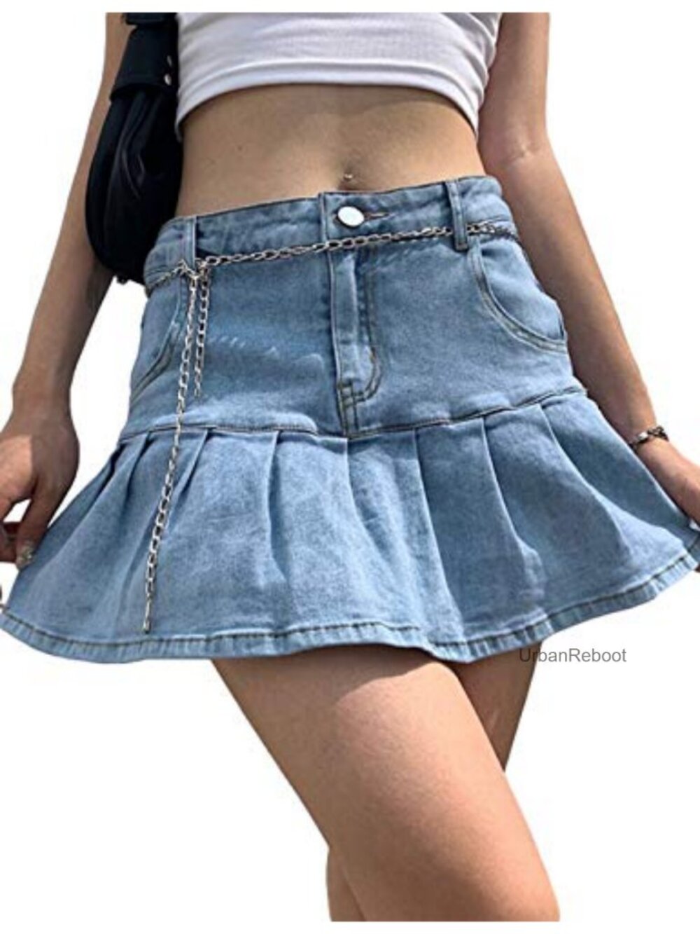 Women's Pleated Jean Skirt A-Line Ruffle Y2K Mini Denim Skort with Built-In - Picture 3 of 6